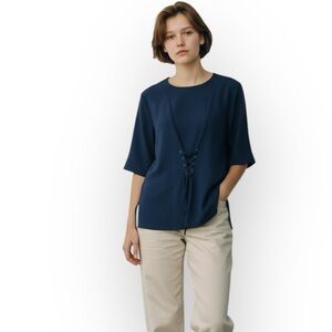Tibi Lace Tie Crew Neck Short Sleeve Navy Blue Blouse Top 4 Small